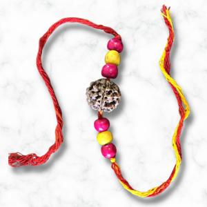 Pink Yellow Rudraksh Wooden Rakhi