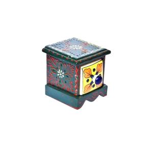 Mini Blue Pottery Wooden Ceramic Jewellery Box