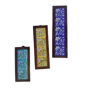 Blue pottery ceramic wooden frame tiled wall hangings set of 3