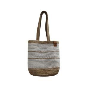 Striped Branded Tag Cotton Rope Tote Bag