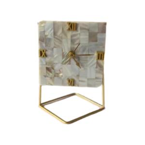 Square Mother of Pearl Desk Clock with Gold Metal Stand