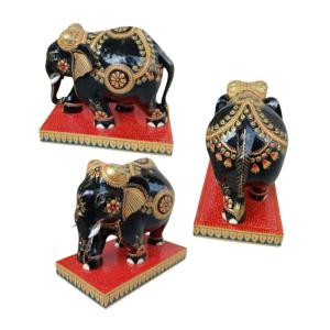 Gold Fine Work Black trunk wooden elephant handcrafted showpiece with base