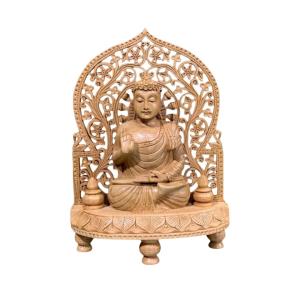 Buddha on throne handcarved wooden showpiece idol statue murti