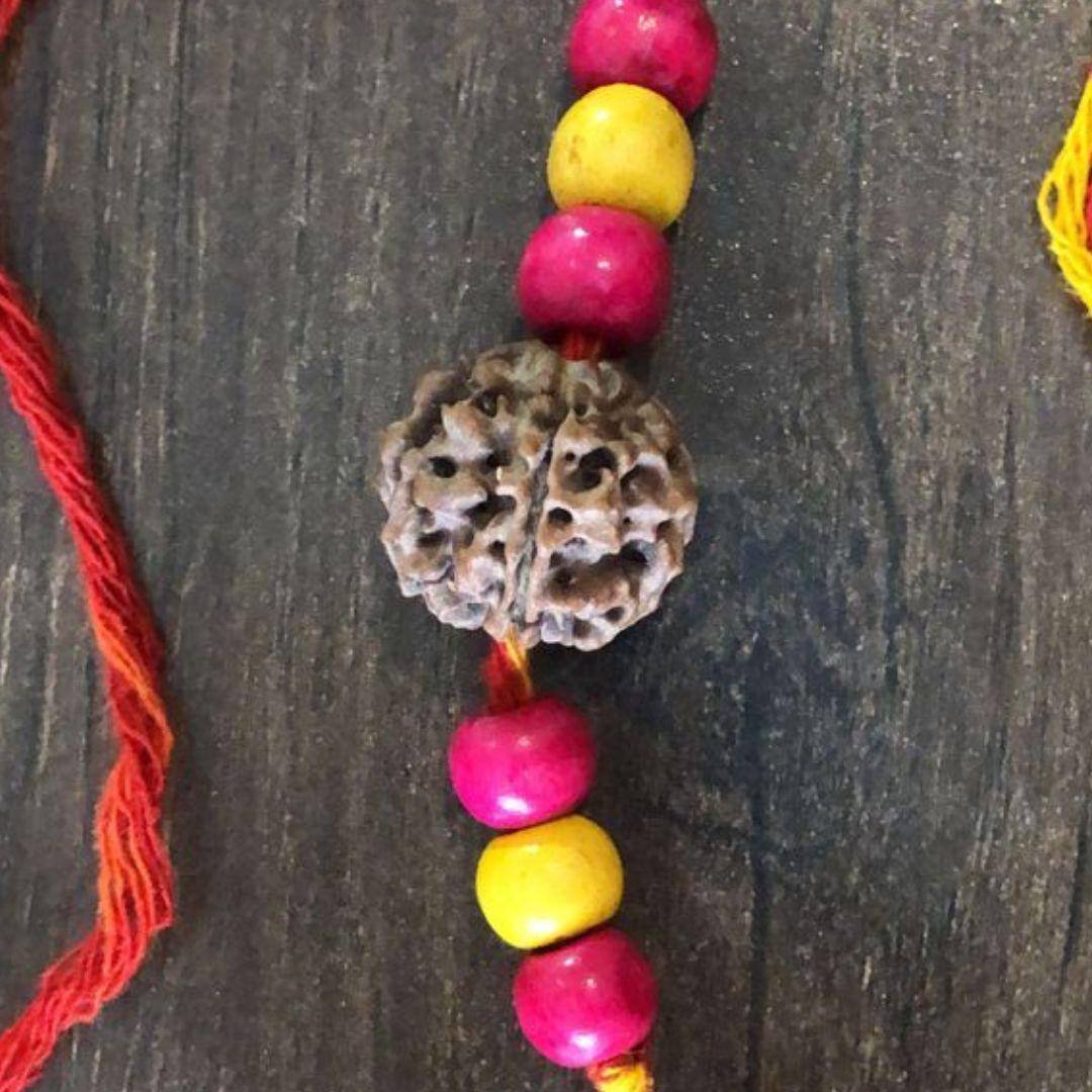 Pink Yellow Rudraksh Wooden Rakhi