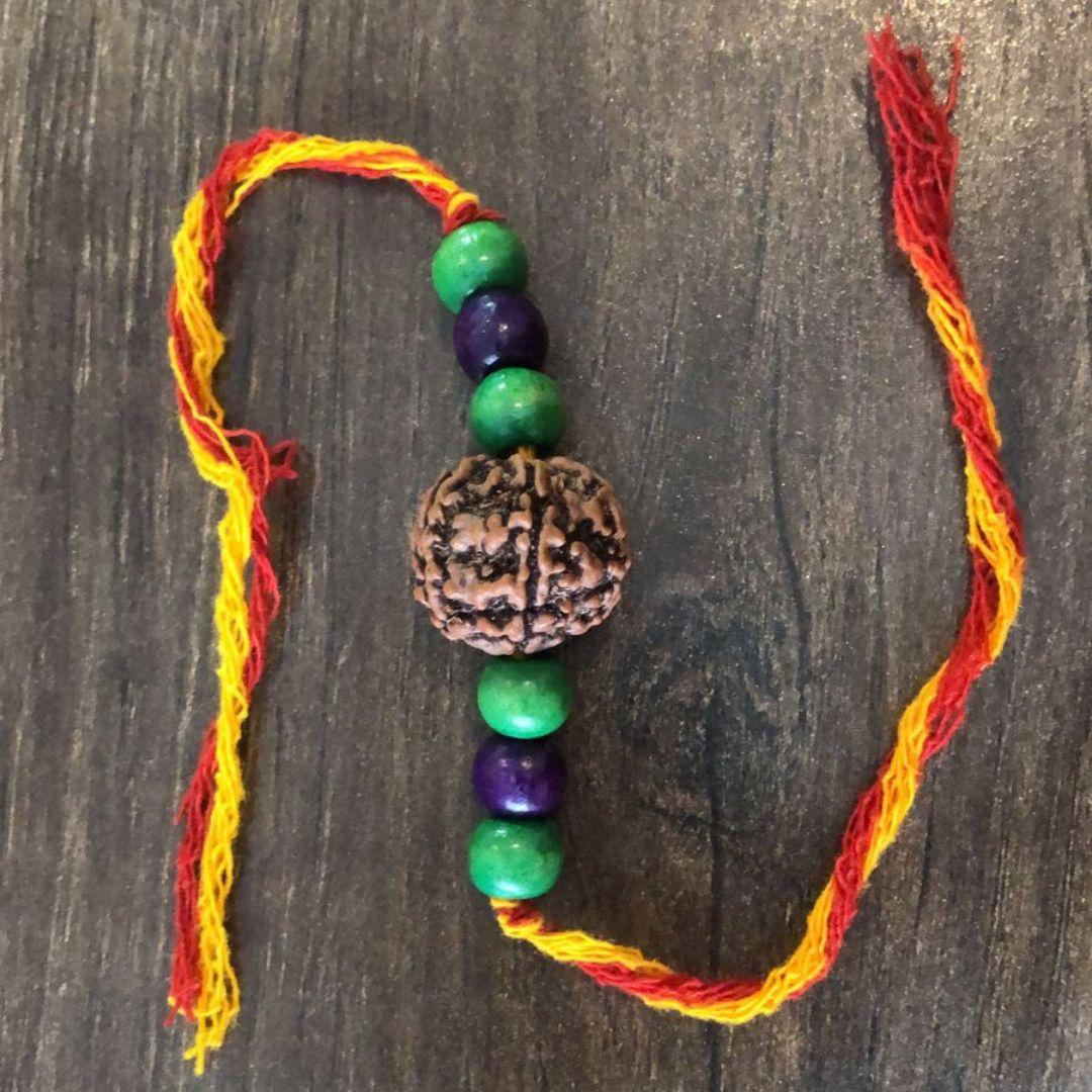 Green Purple Rudraksh Wooden Rakhi