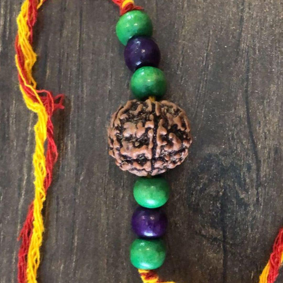 Green Purple Rudraksh Wooden Rakhi
