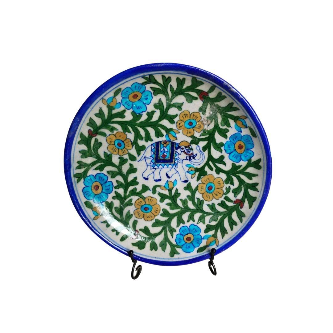 garden elephant blue pottery decor plate