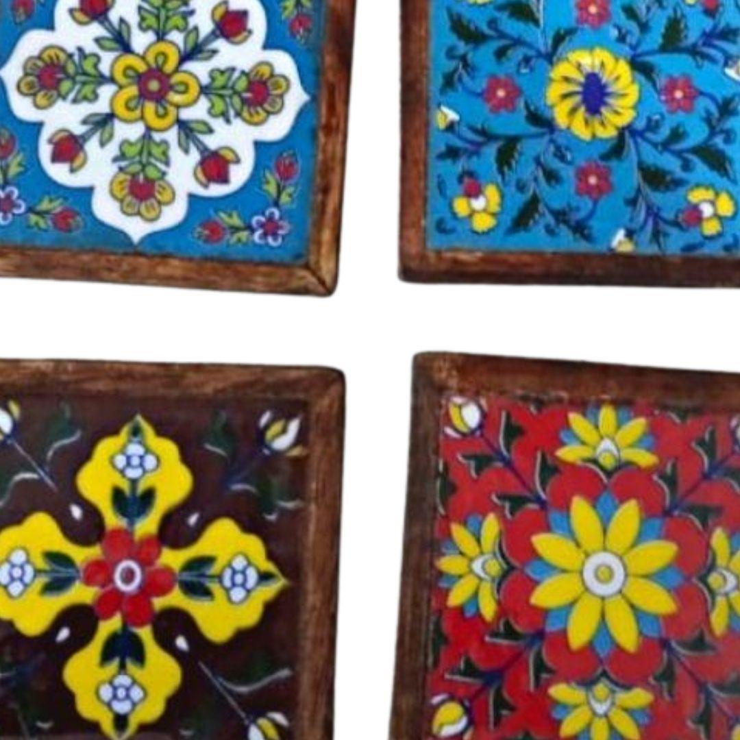 Jaipuri tile coasters set with holder