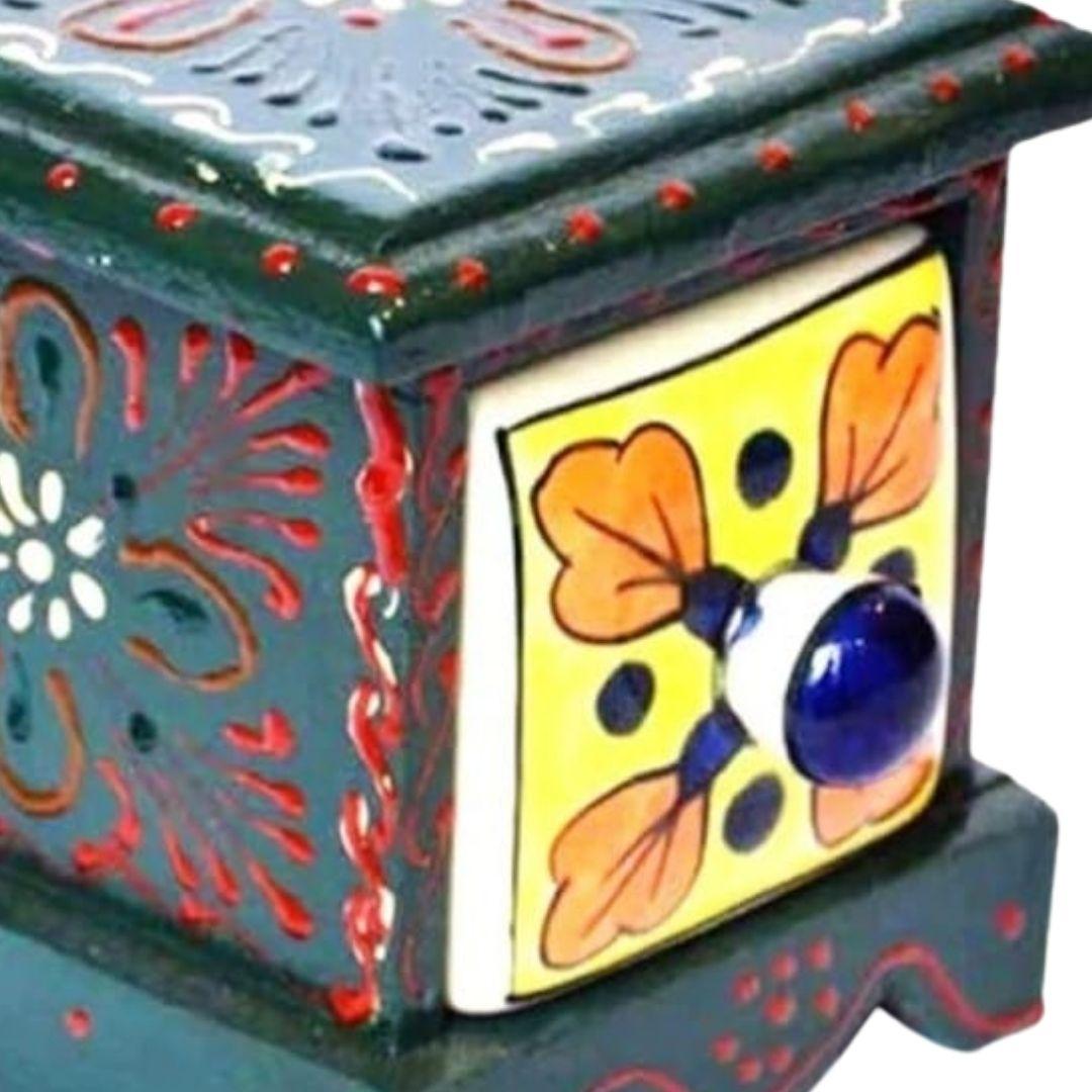 Mini Blue Pottery Wooden Ceramic Jewellery Box