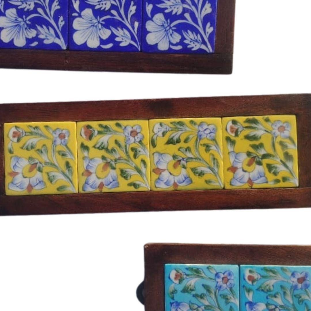 Blue pottery ceramic wooden frame tiled wall hangings set of 3
