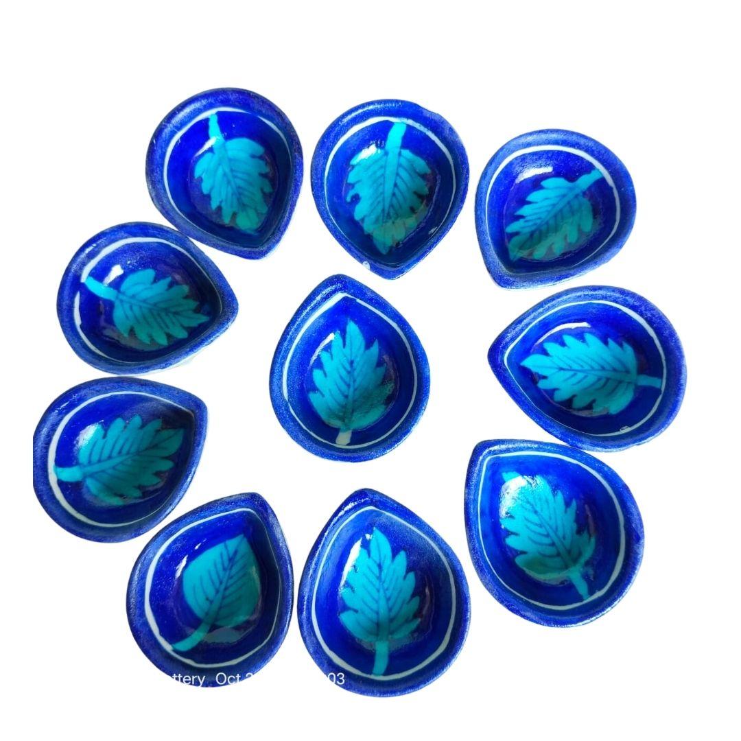 Blue Leaf Blue Pottery Ceramic Diyas