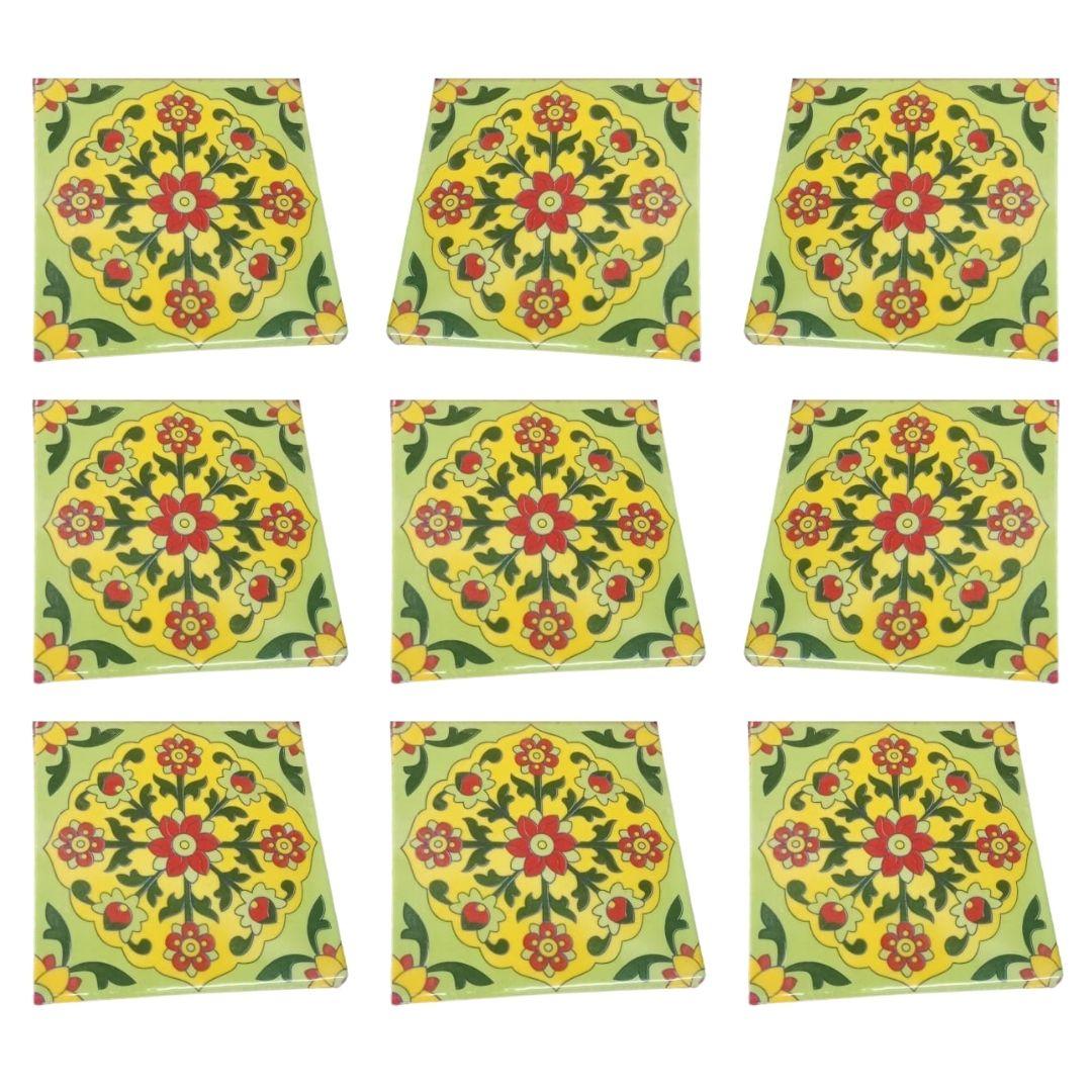 Lime floral blue pottery ceramic tile