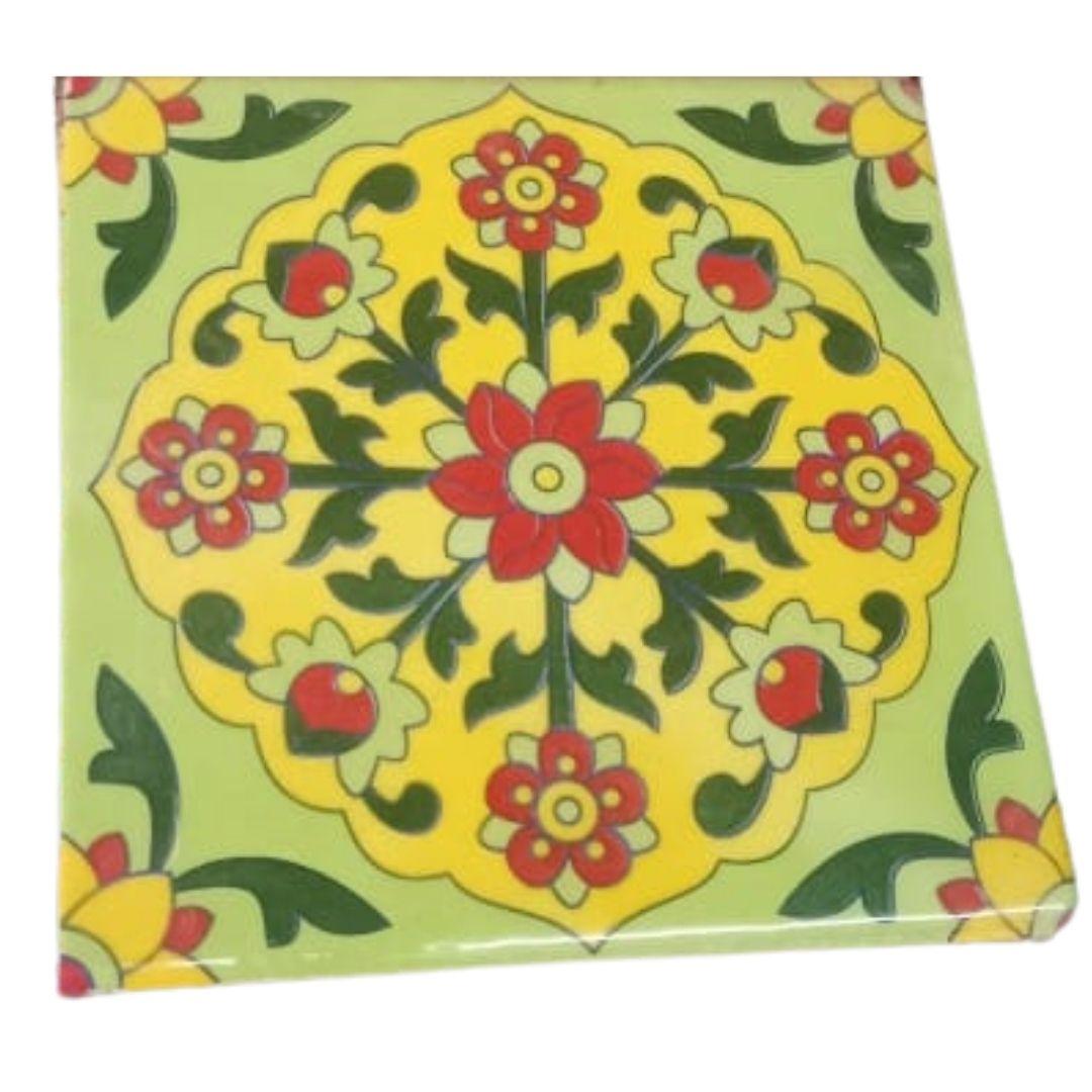 Lime floral blue pottery ceramic tile