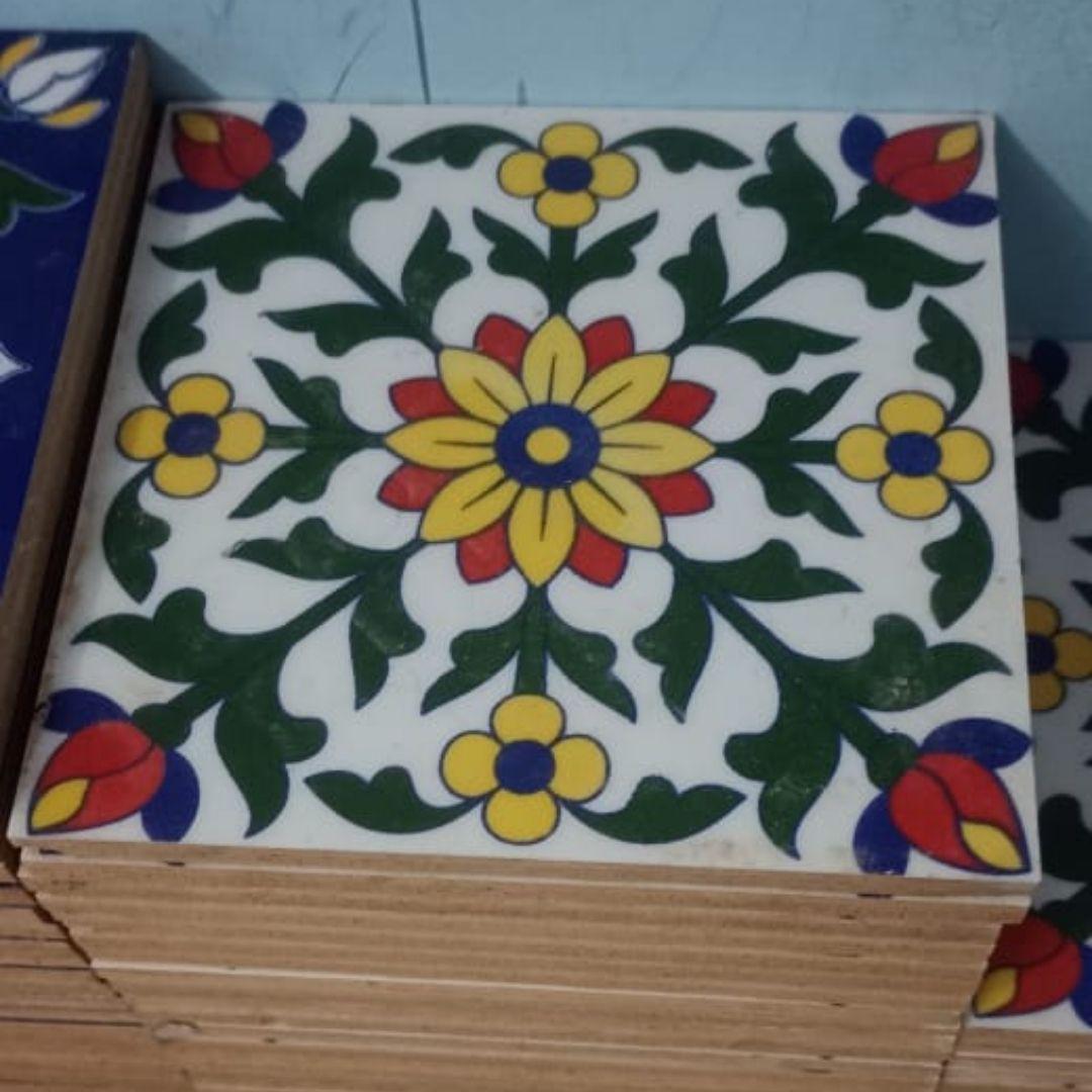 White floral blue pottery ceramic tile