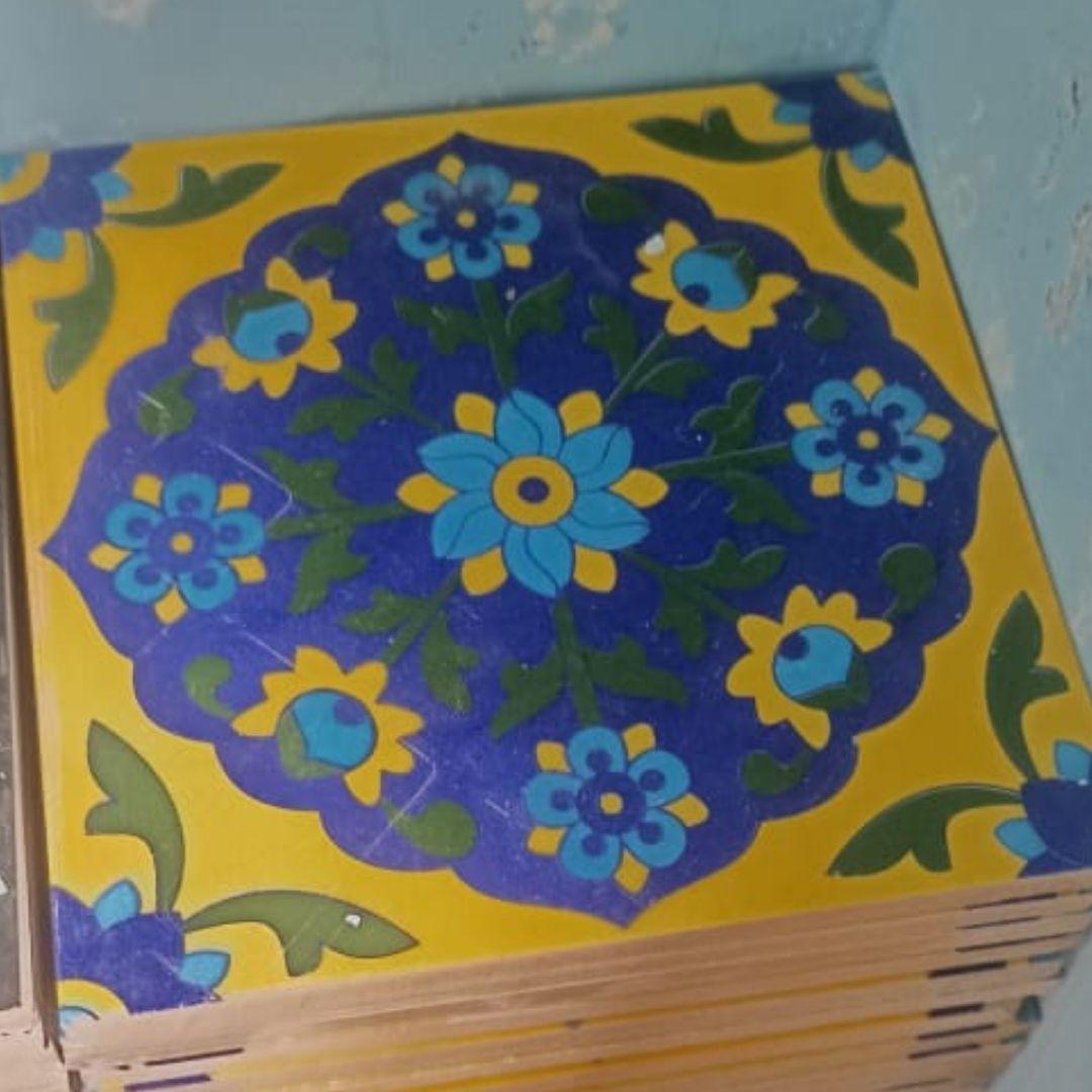 Mustard Floral Blue Pottery ceramic tile