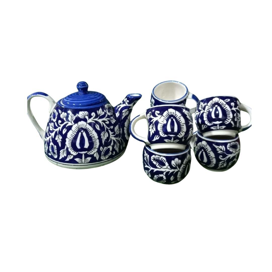 Indigo Paisley Design Blue Pottery Ceramic Tea Pot and Cups Set
