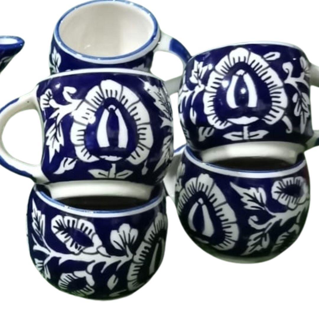 Indigo Paisley Design Blue Pottery Ceramic Tea Pot and Cups Set