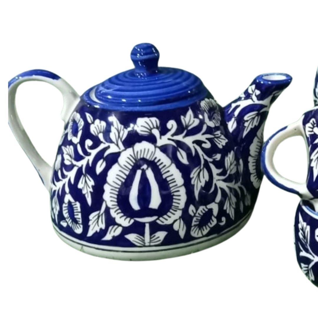 Indigo Paisley Design Blue Pottery Ceramic Tea Pot and Cups Set