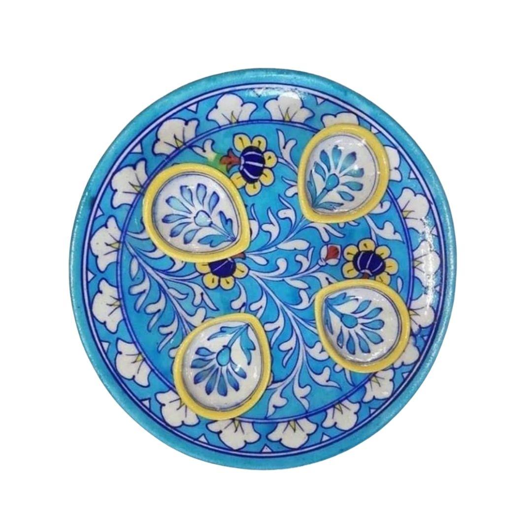 Blue Pottery Ceramic Floral Diyas and Puja Thali Set