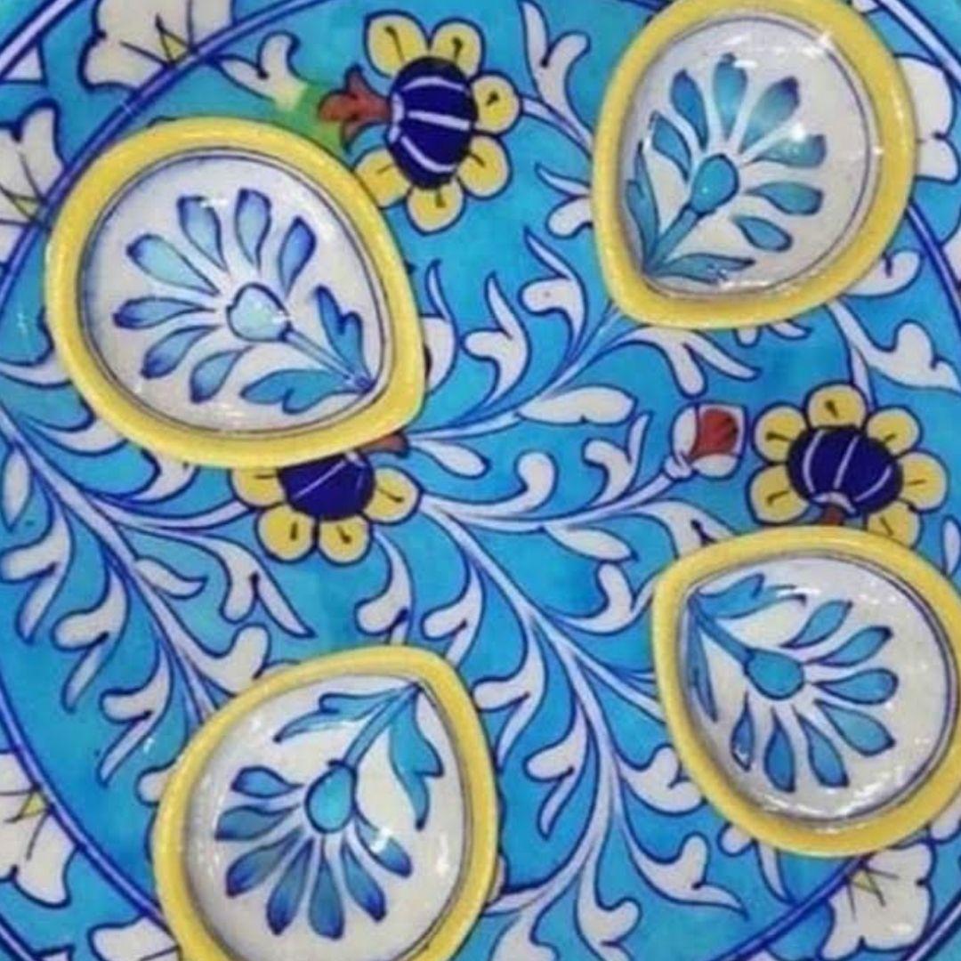 Blue Pottery Ceramic Floral Diyas and Puja Thali Set