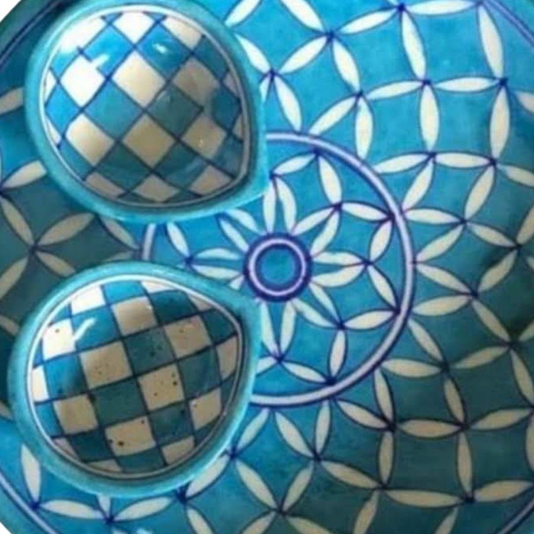 Blue Pottery Ceramic Delicate pattern Diyas and Puja Thali Set