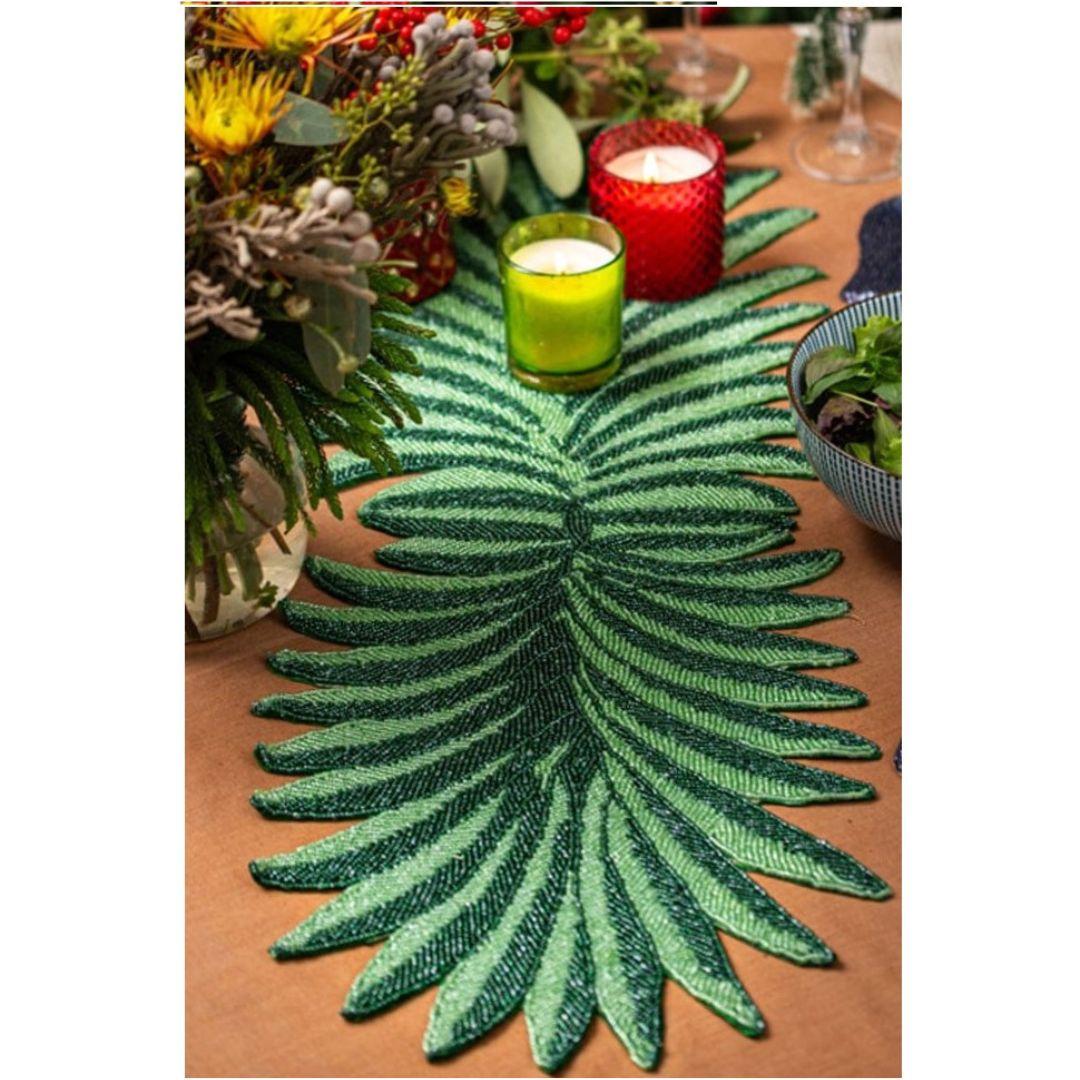 Green Tropical Leaf Beaded Table Runner
