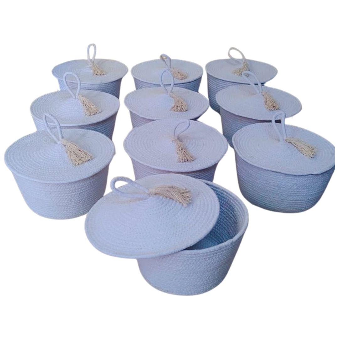 White Loop Lid Tassel Cotton Rope Gift Hamper Basket