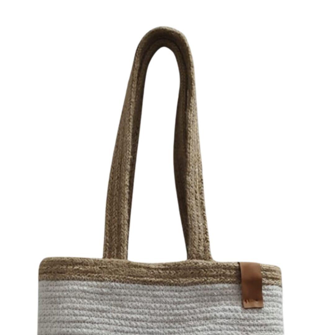 Striped Branded Tag Cotton Rope Tote Bag