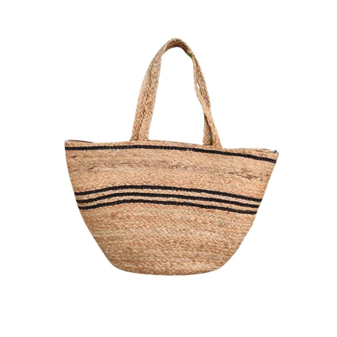 Black 3 Stripe Jute Tote Bag