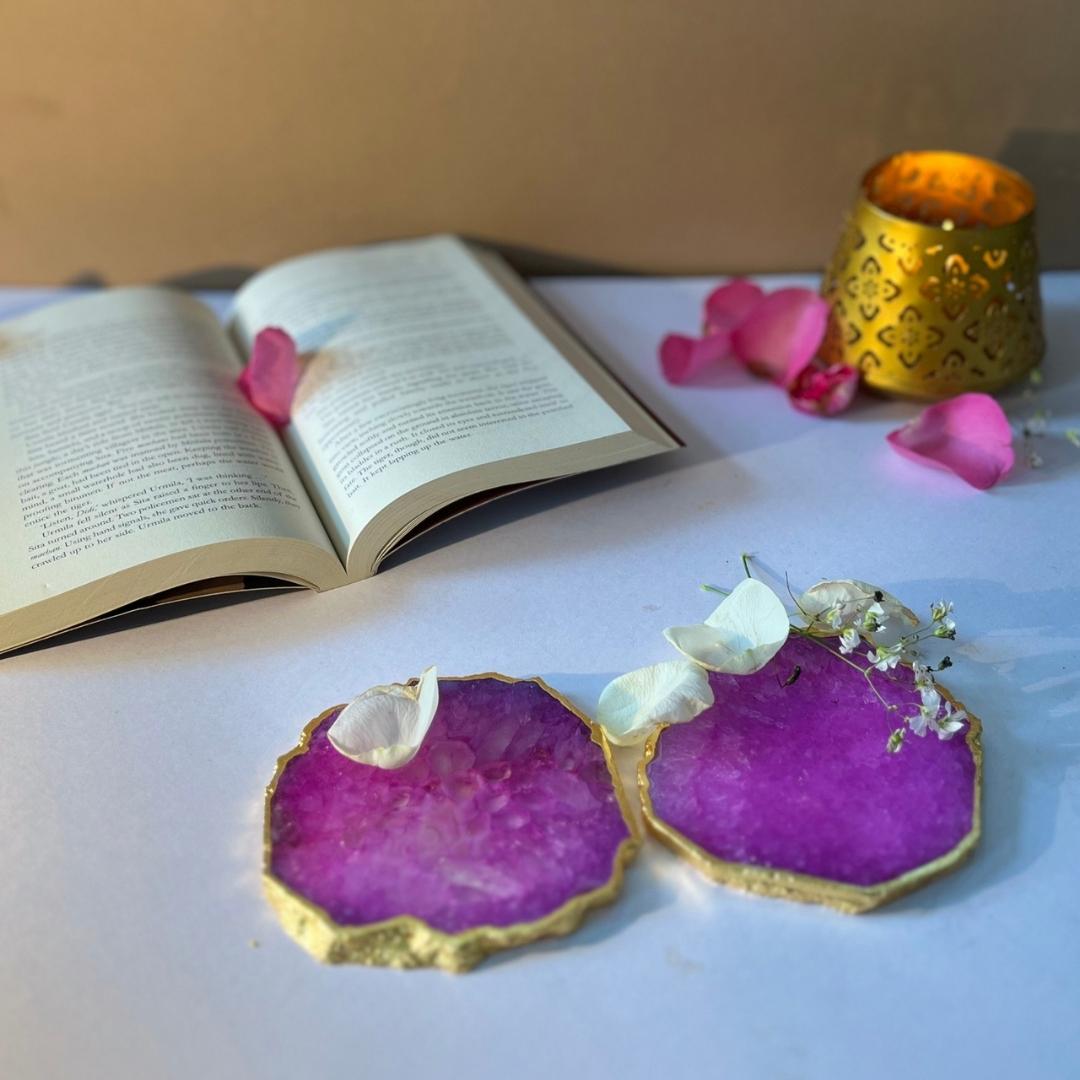 Crystal Agate Coasters with Gold Plating set of 2
