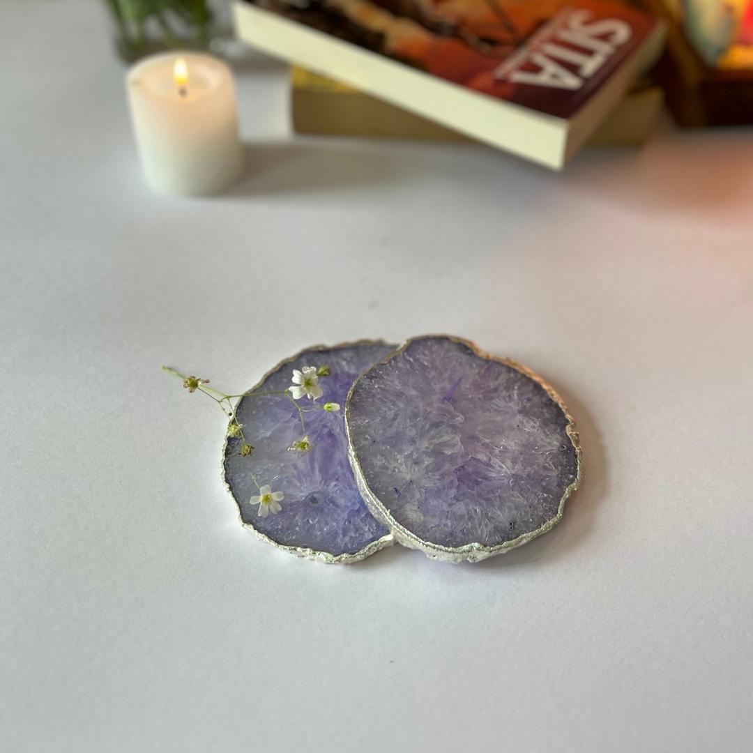 Crystal Agate Coasters with silver plating set of 2