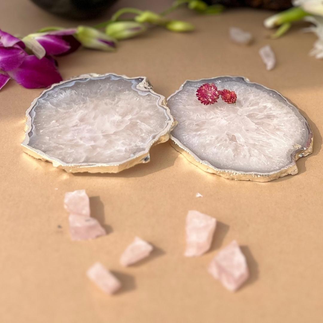 Crystal Agate Coasters with silver plating set of 2