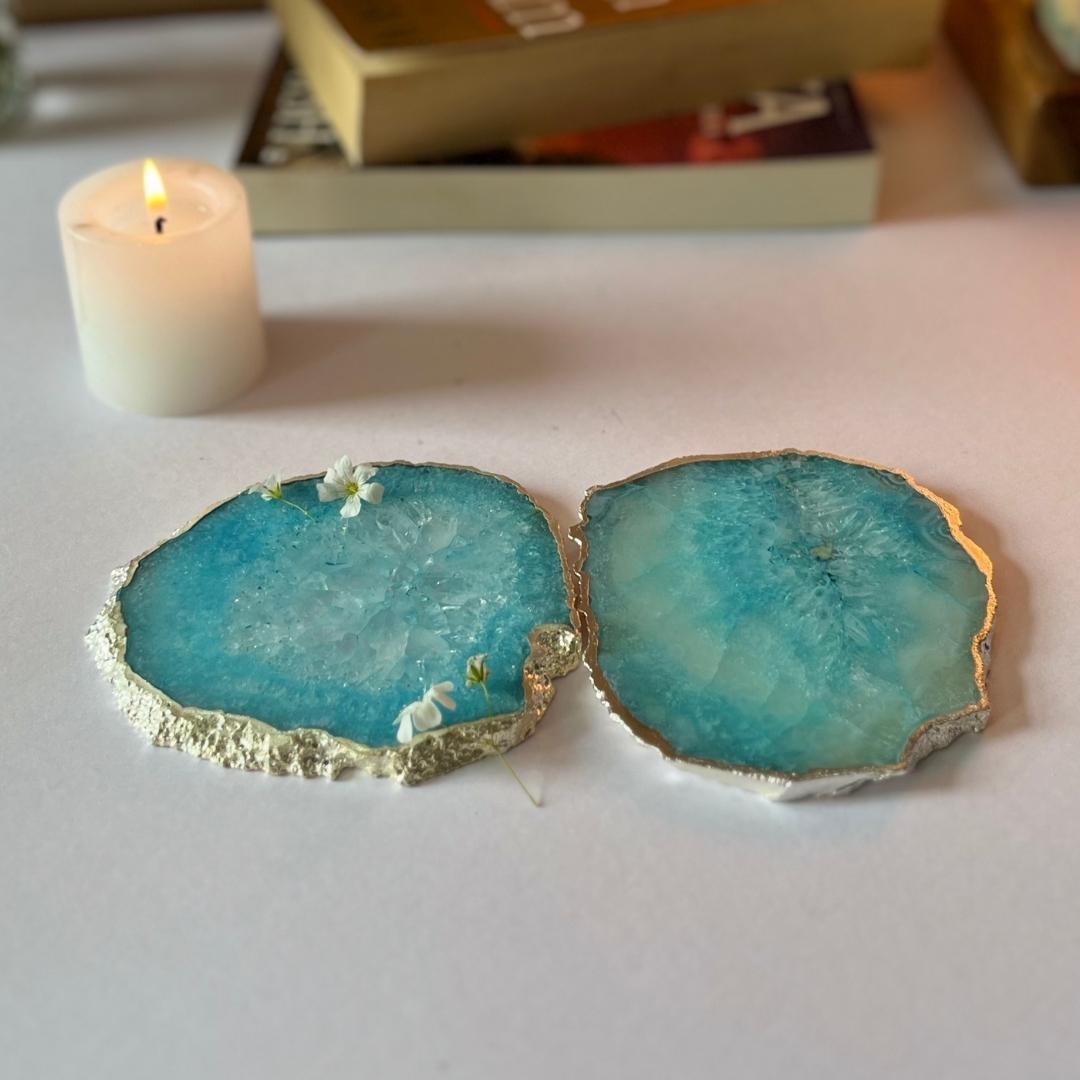 Crystal Agate Coasters with silver plating set of 2