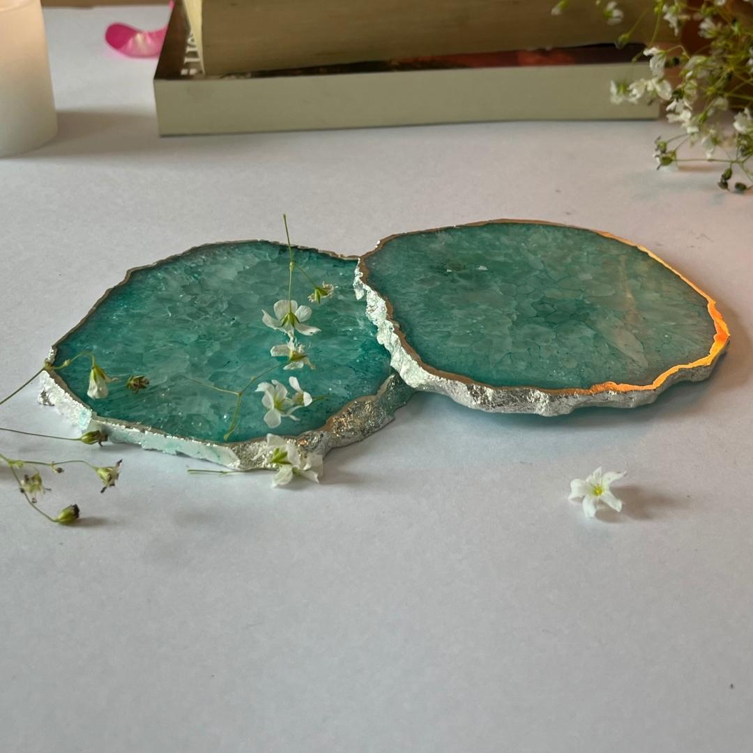 Crystal Agate Coasters with silver plating set of 2