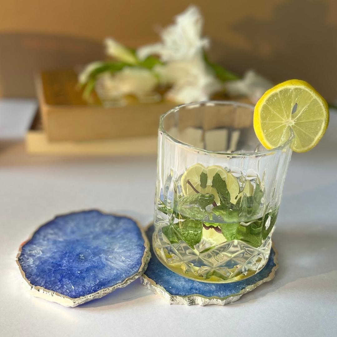 Crystal Agate Coasters with silver plating set of 2