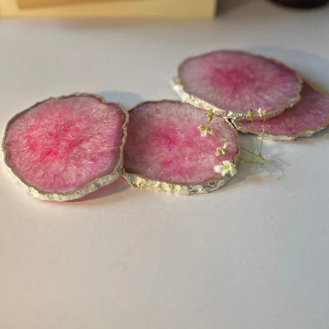 Crystal Agate Coasters with silver plating set of 2