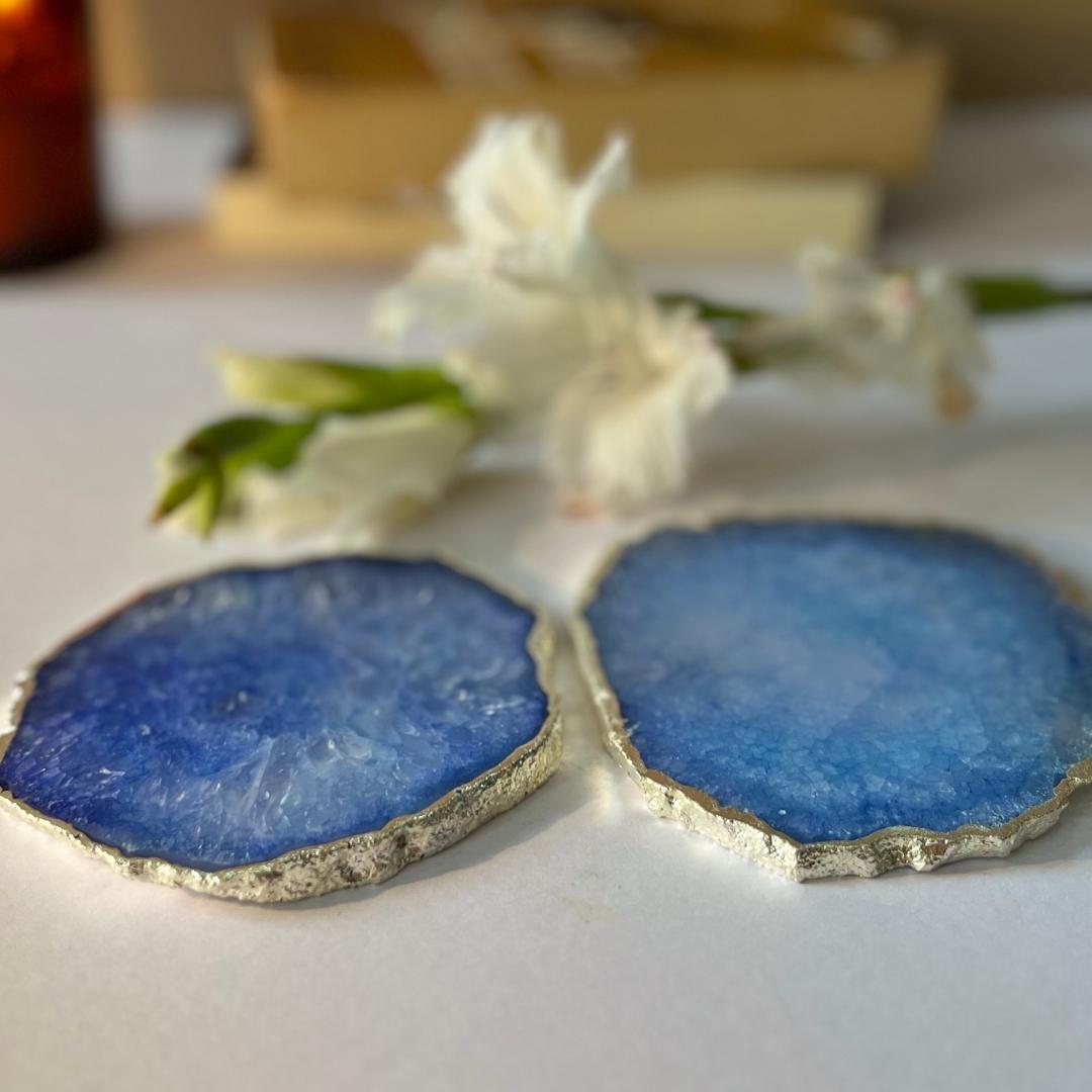 Crystal Agate Coasters with silver plating set of 2