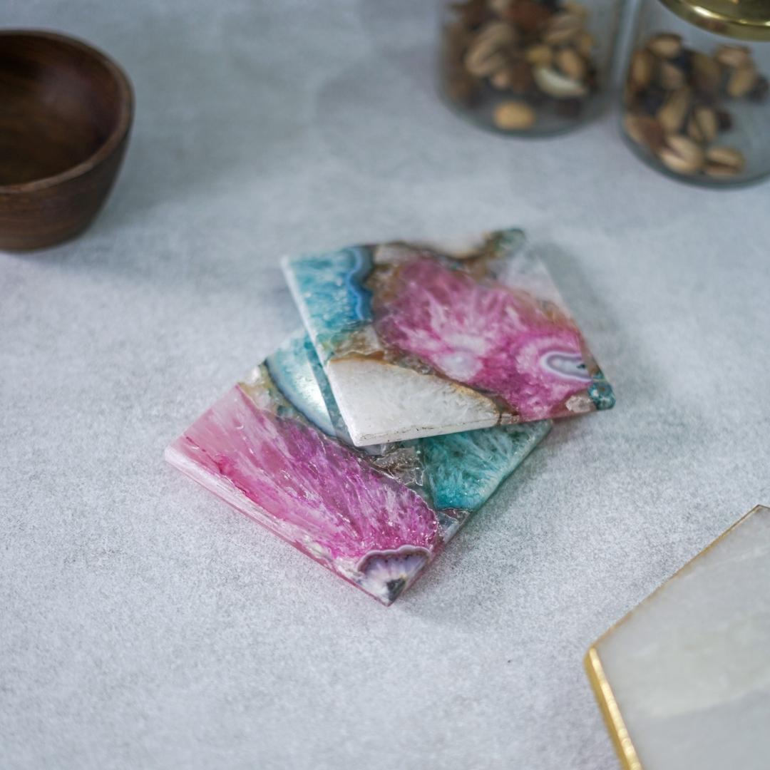 Multicolour Crystal Agate Square Coasters set of 2