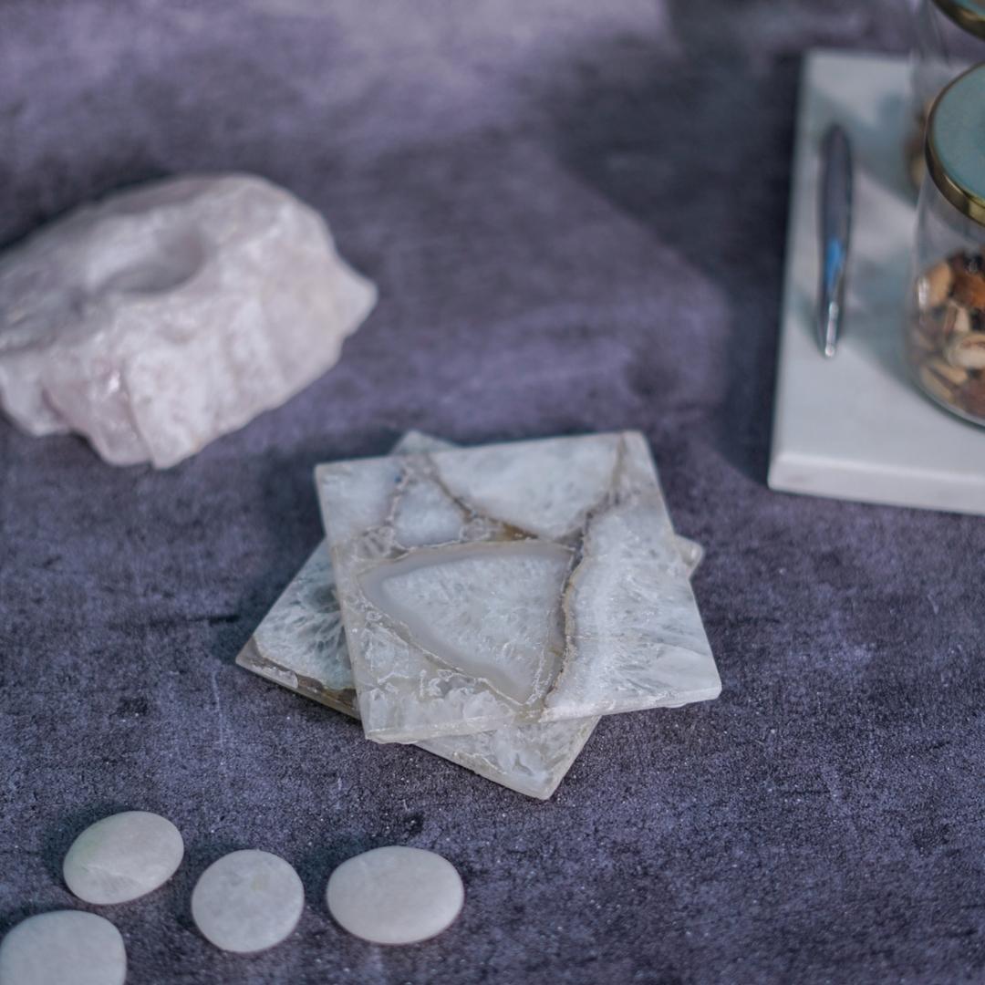 White Crystal Agate Square Coasters set of 2
