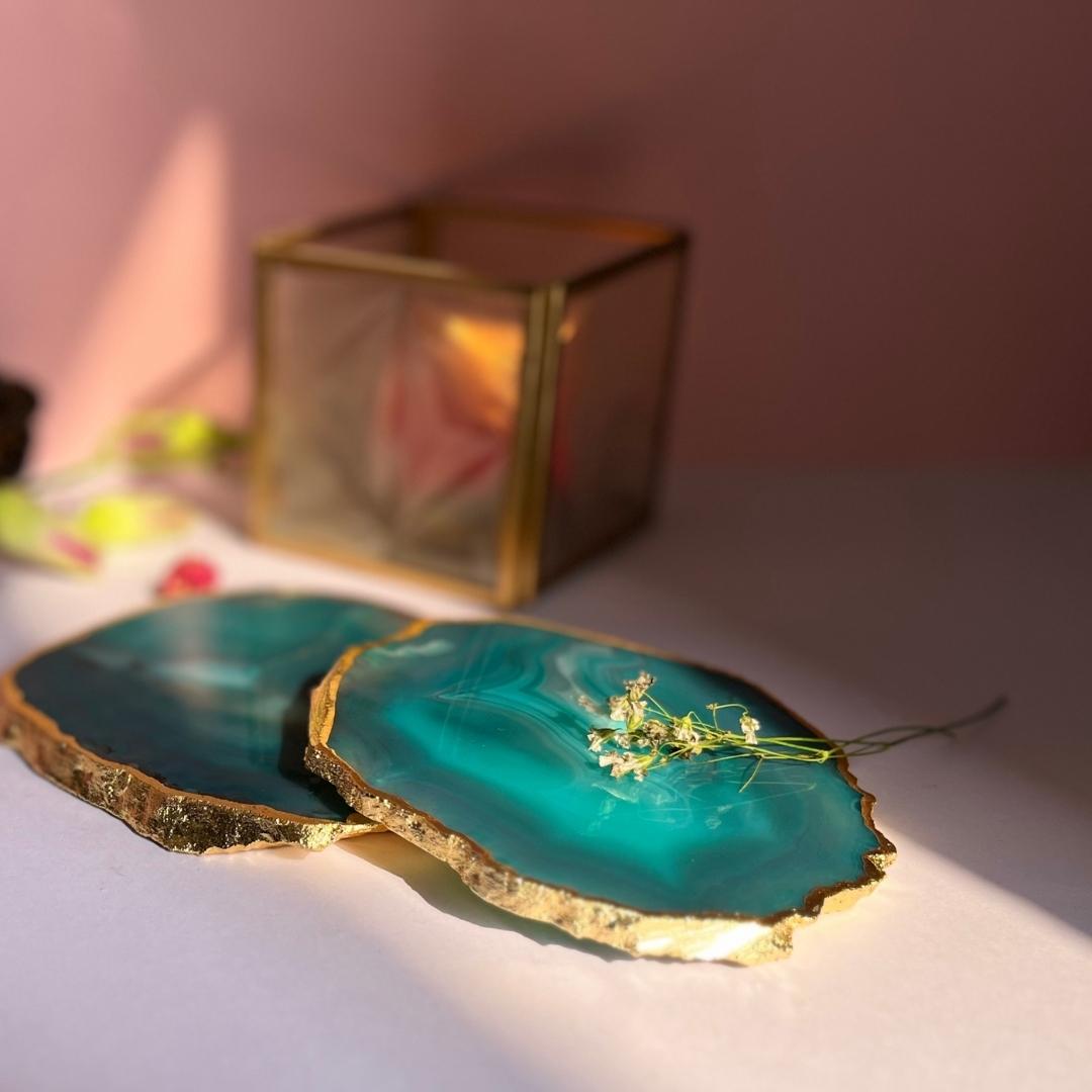 Brazilian Agate Coasters with Gold plating set of 2