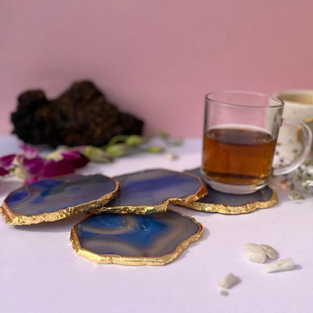 Brazilian Agate Coasters with Gold plating set of 2