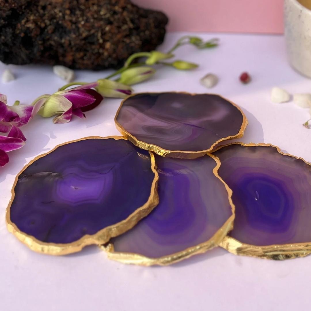 Brazilian Agate Coasters with Gold plating set of 2