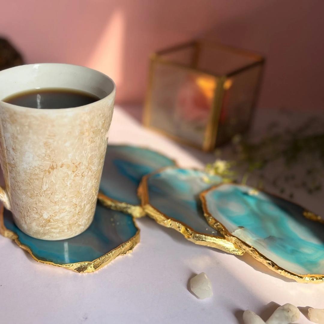 Brazilian Agate Coasters with Gold plating set of 2