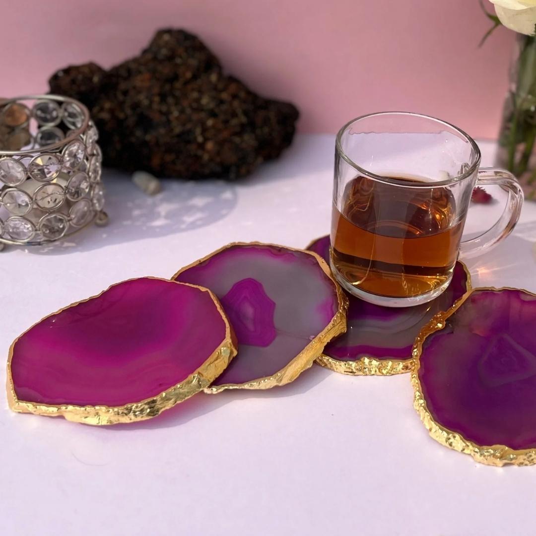 Brazilian Agate Coasters with Gold plating set of 2