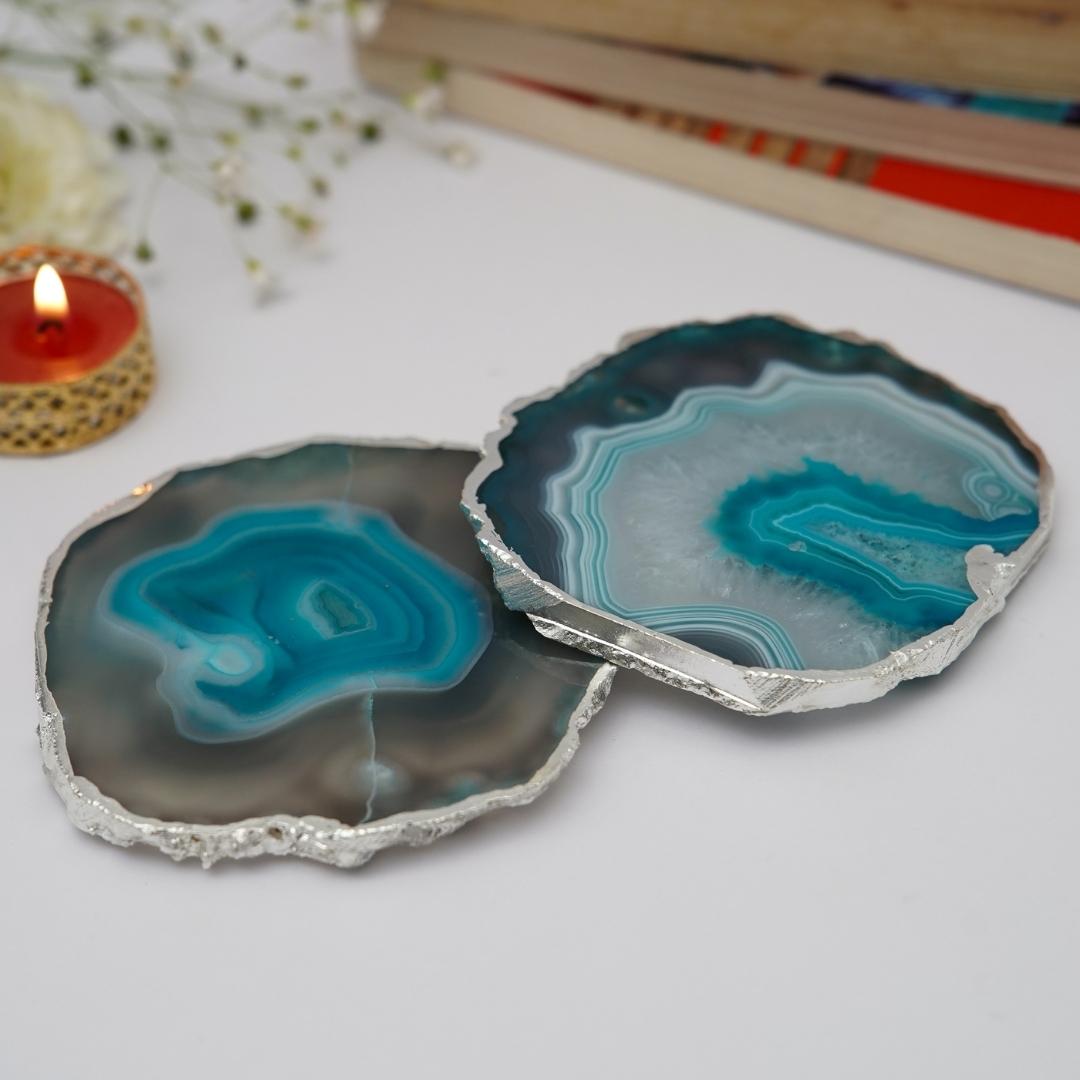 Brazilian Agate Coasters with Silver plating set of 2