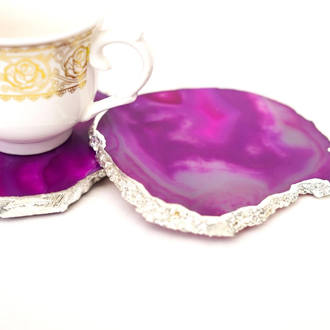 Brazilian Agate Coasters with Silver plating set of 2