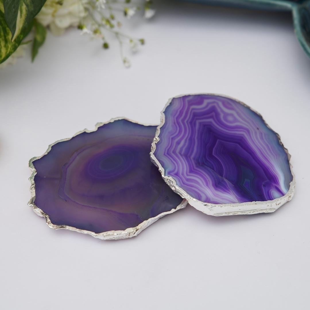 Brazilian Agate Coasters with Silver plating set of 2