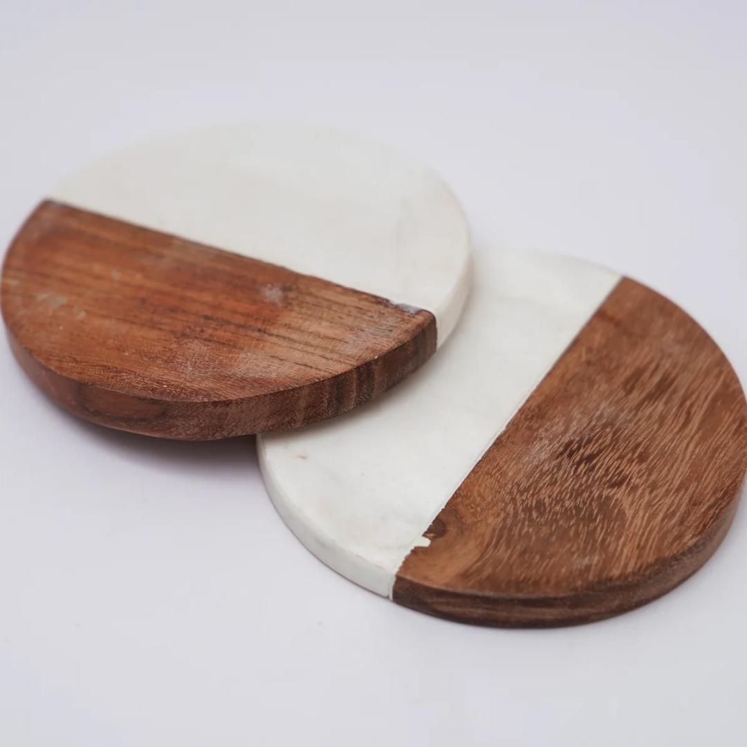 White Marble and Wood Coaster set of 2