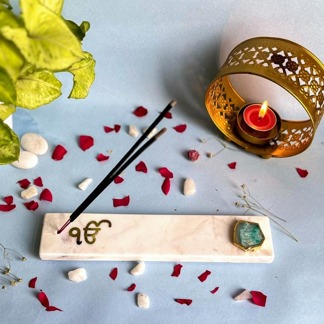 Ik Onkar Symbol Mable and crystal agate incense stick holders