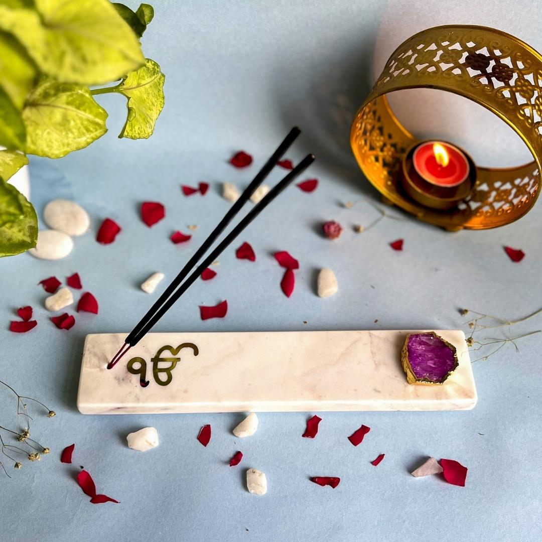 Ik Onkar Symbol Mable and crystal agate incense stick holders